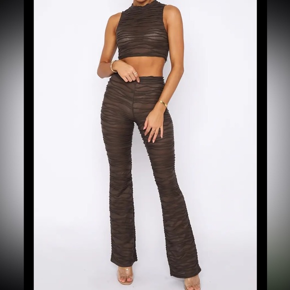 Large Y2K Brown Abstract Ruched Set Crop Top & High Waist Pants Light & Stretchy - Picture 3 of 9